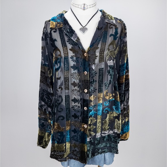 Citron Santa Monica Collection Tops - Citron‎ Santa Monica Velvet Burnout Silk Blouse - Jewel-Tone Artwear